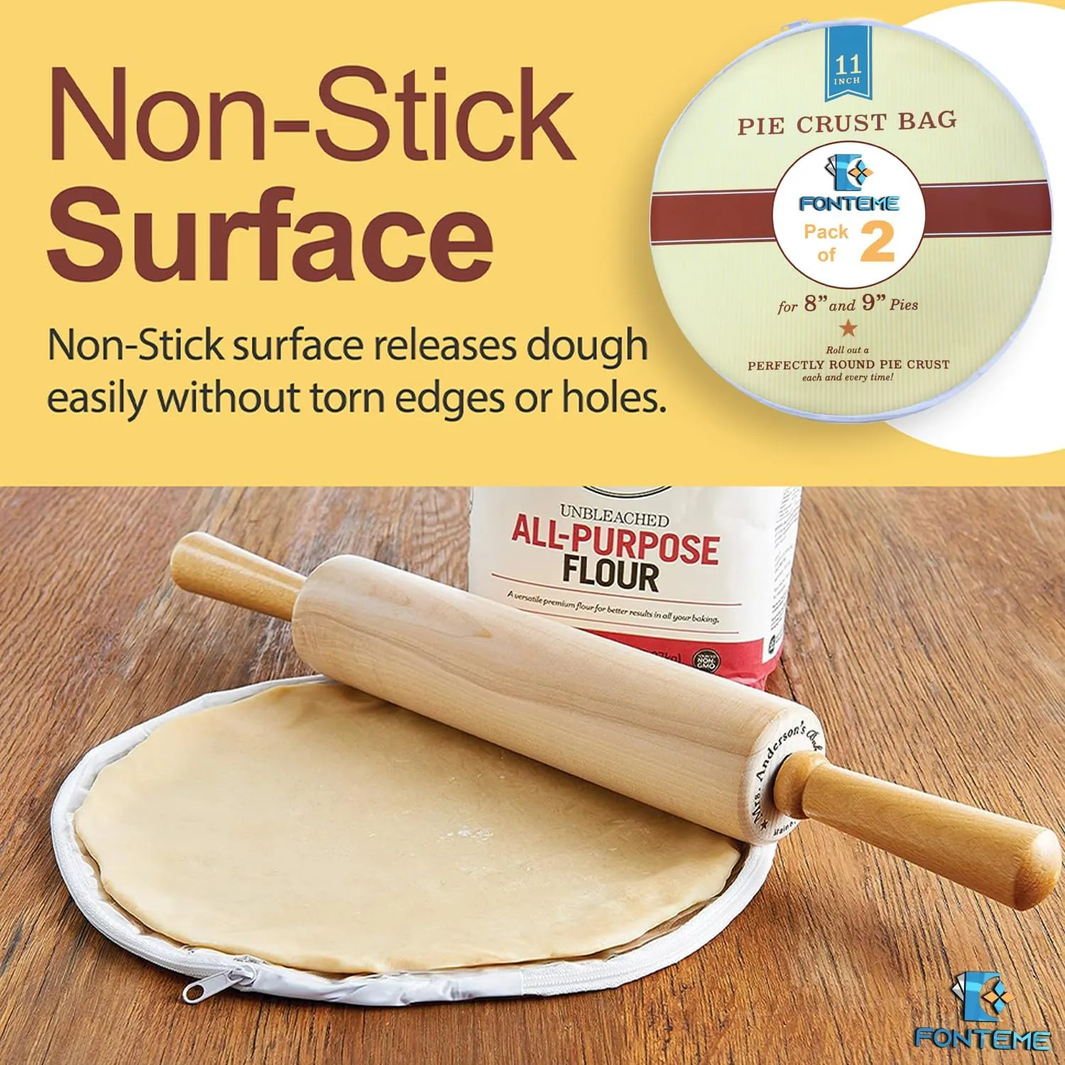 Plastic Pie Crust Dough Rolling Bag - Set of 2 (11") | Non-Stick Mess Free Pie Crust Dough Shaper, Cookie, Pastry, Pizza, and Pasta Doug