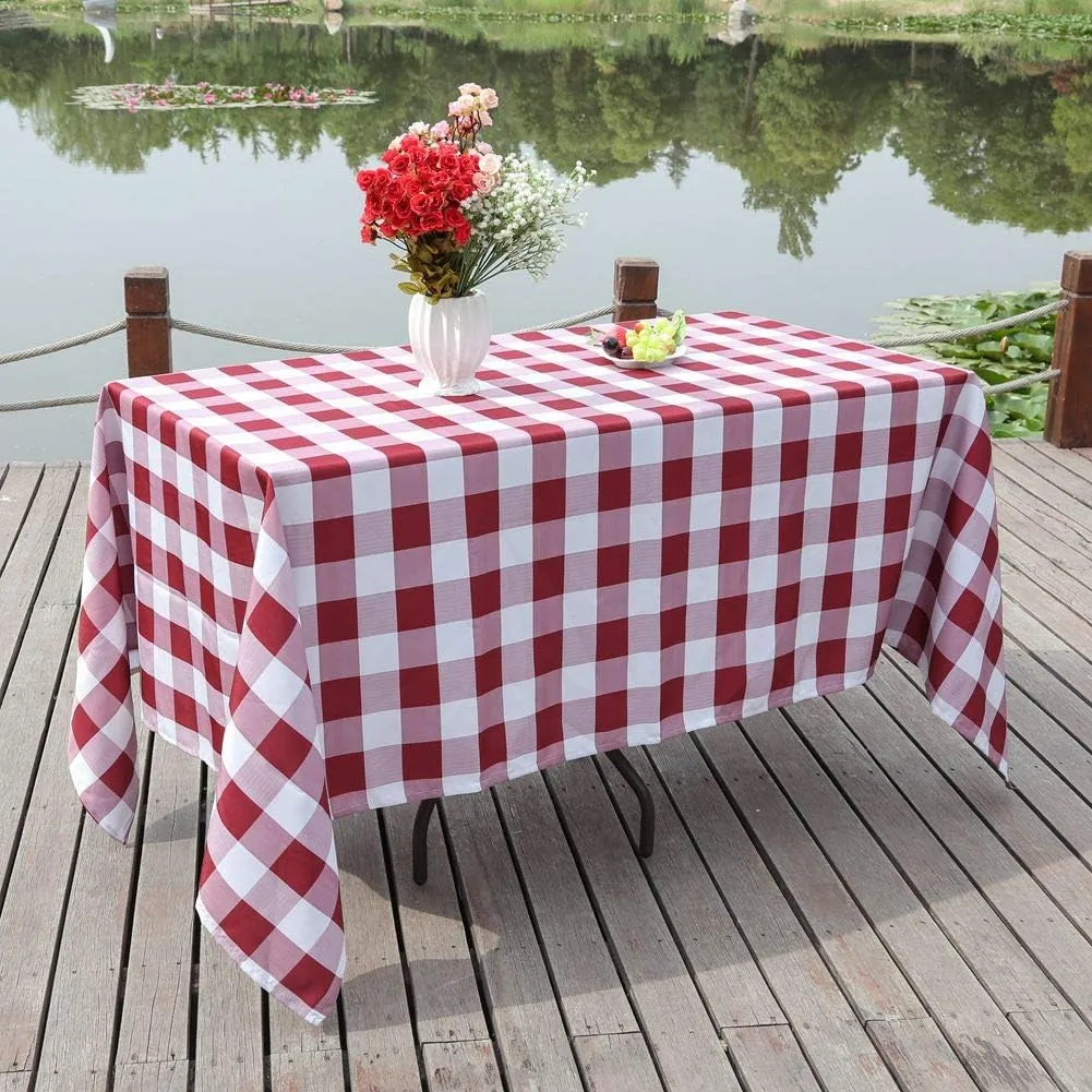 Poise3EHome 60X84 Outdoor/Indoor Waterproof Spillproof Rectangle Tablecloth for Camping, Picnic, Afternoon Tea, BBQ, Burgundy Red Checkered