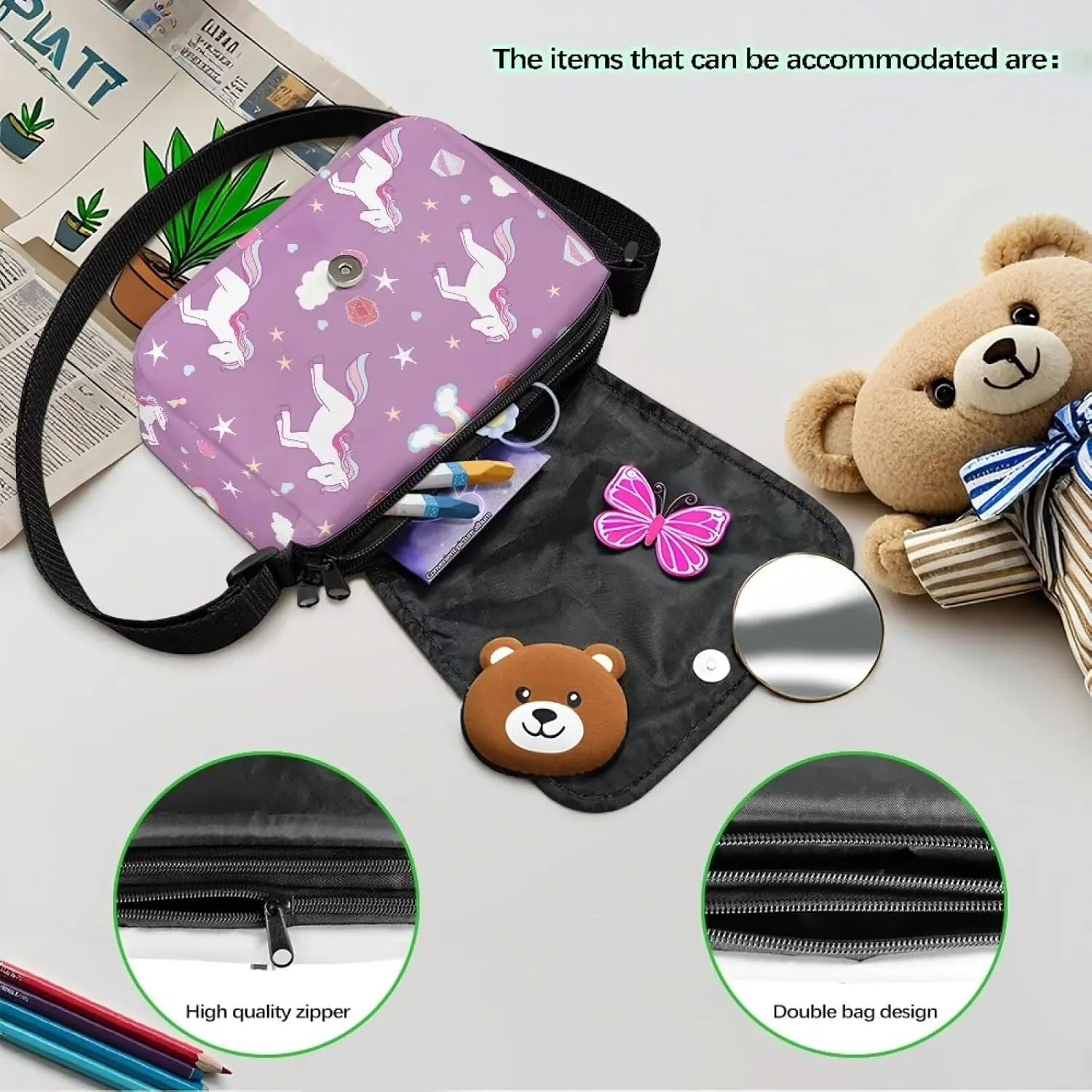 Pony Print Kids Crossbody Purses for Girls Flap Over Shoulder Bag for Kids Lightweight Trendy Satchel Handbags with Zipper Pockets for Classmates Friends Gifts