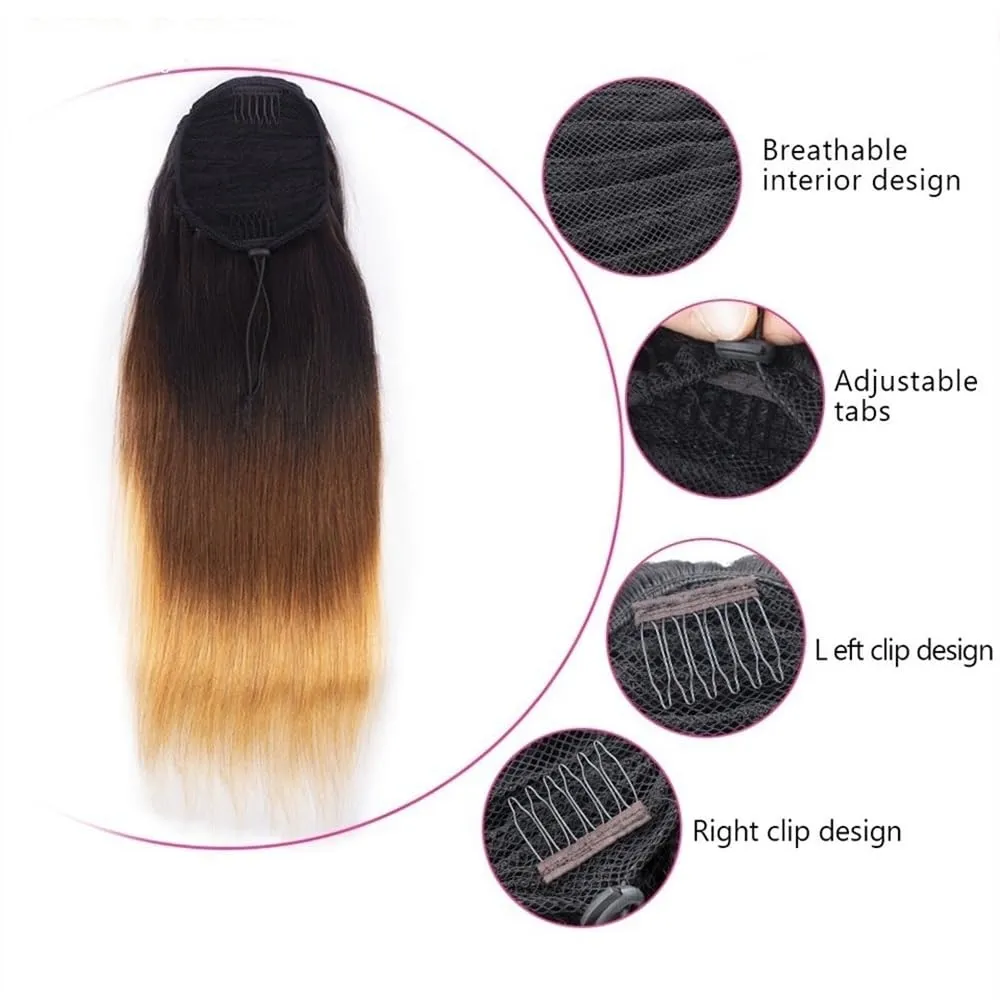 Ponytail Extension 10"-24" Drawstring Ponytails #1B/4/27 Ombre Straight Drawstring Ponytail Hair Extensions Clip in Human Hair Pieces Indian Remy Human Hair Extension Ponytail Hairpieces(14 Inch)