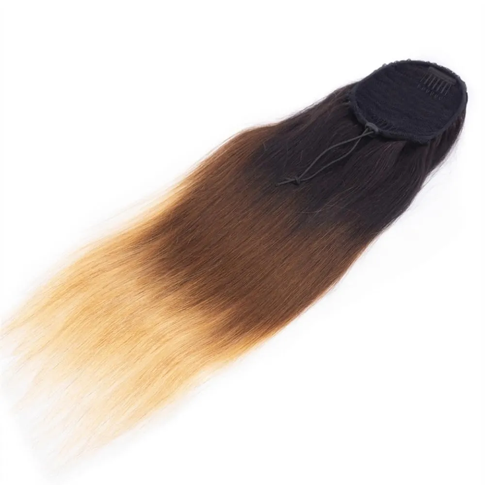 Ponytail Extension 10"-24" Drawstring Ponytails #1B/4/27 Ombre Straight Drawstring Ponytail Hair Extensions Clip in Human Hair Pieces Indian Remy Human Hair Extension Ponytail Hairpieces(14 Inch)