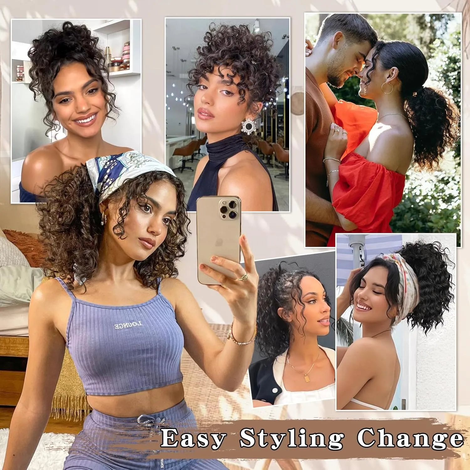 Ponytail Extension, Curly Drawstring Ponytail Extension for Women 8 Inch Curly Wavy Ponytail Yaki Textured Natural Fluffy Synthetic Hairpiece for Daily Use