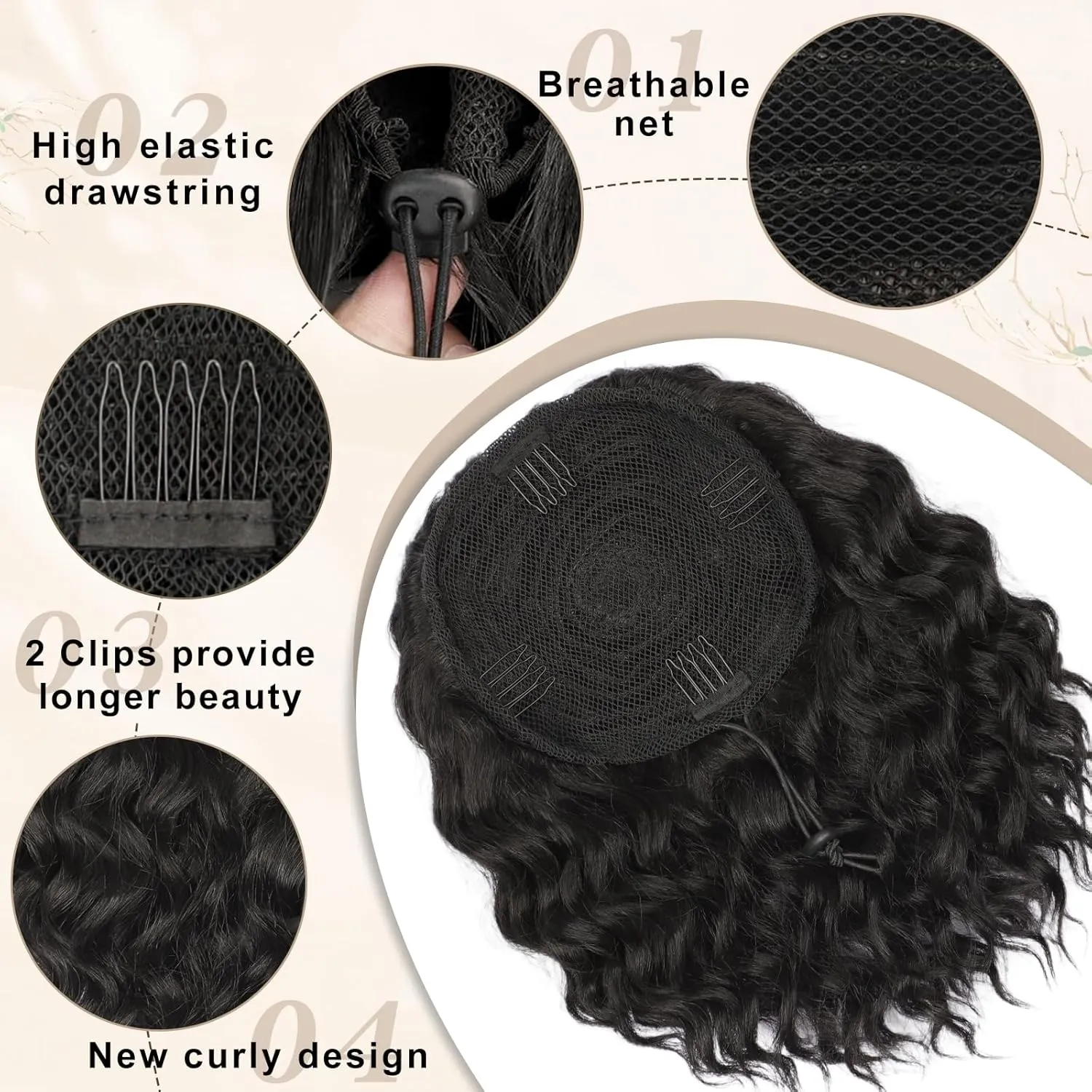 Ponytail Extension, Curly Drawstring Ponytail Extension for Women 8 Inch Curly Wavy Ponytail Yaki Textured Natural Fluffy Synthetic Hairpiece for Daily Use