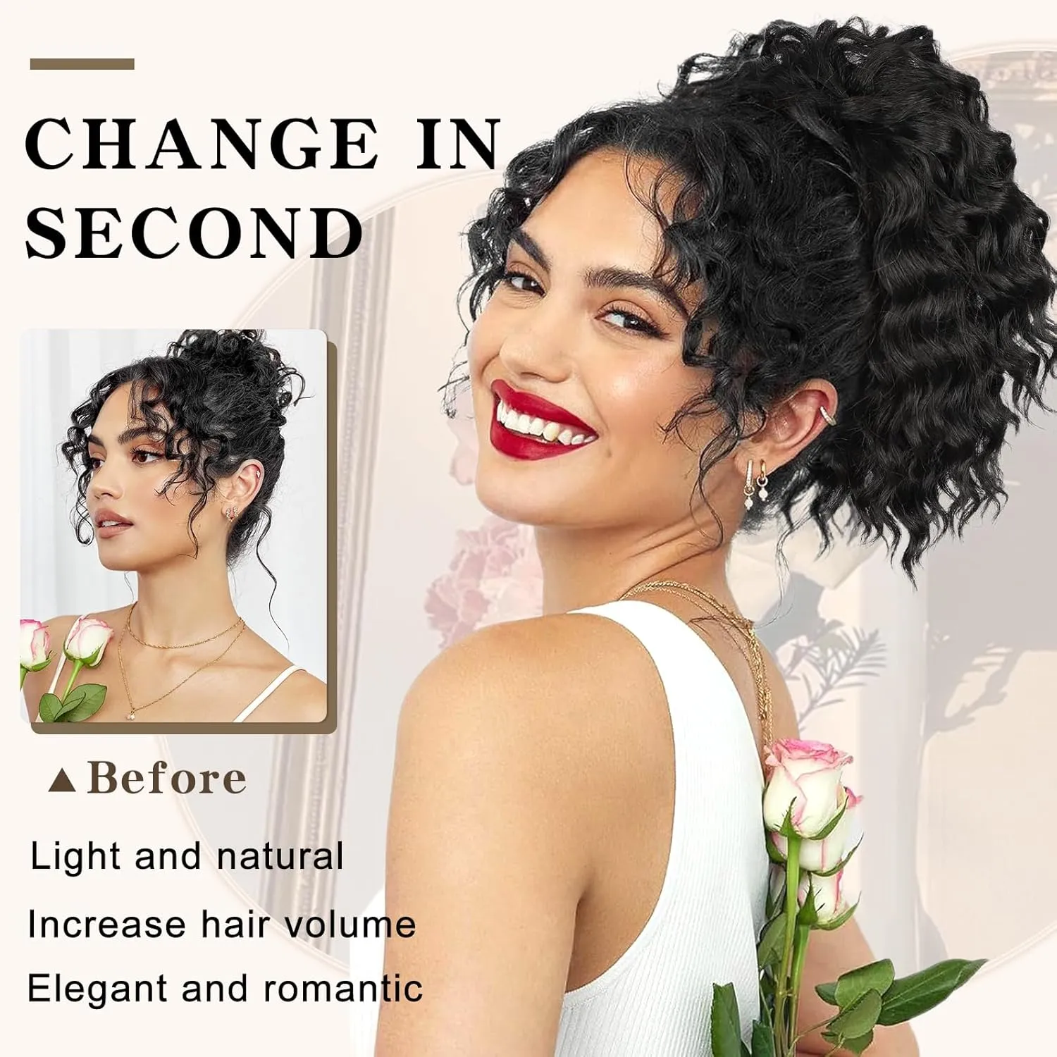 Ponytail Extension, Curly Drawstring Ponytail Extension for Women 8 Inch Curly Wavy Ponytail Yaki Textured Natural Fluffy Synthetic Hairpiece for Daily Use
