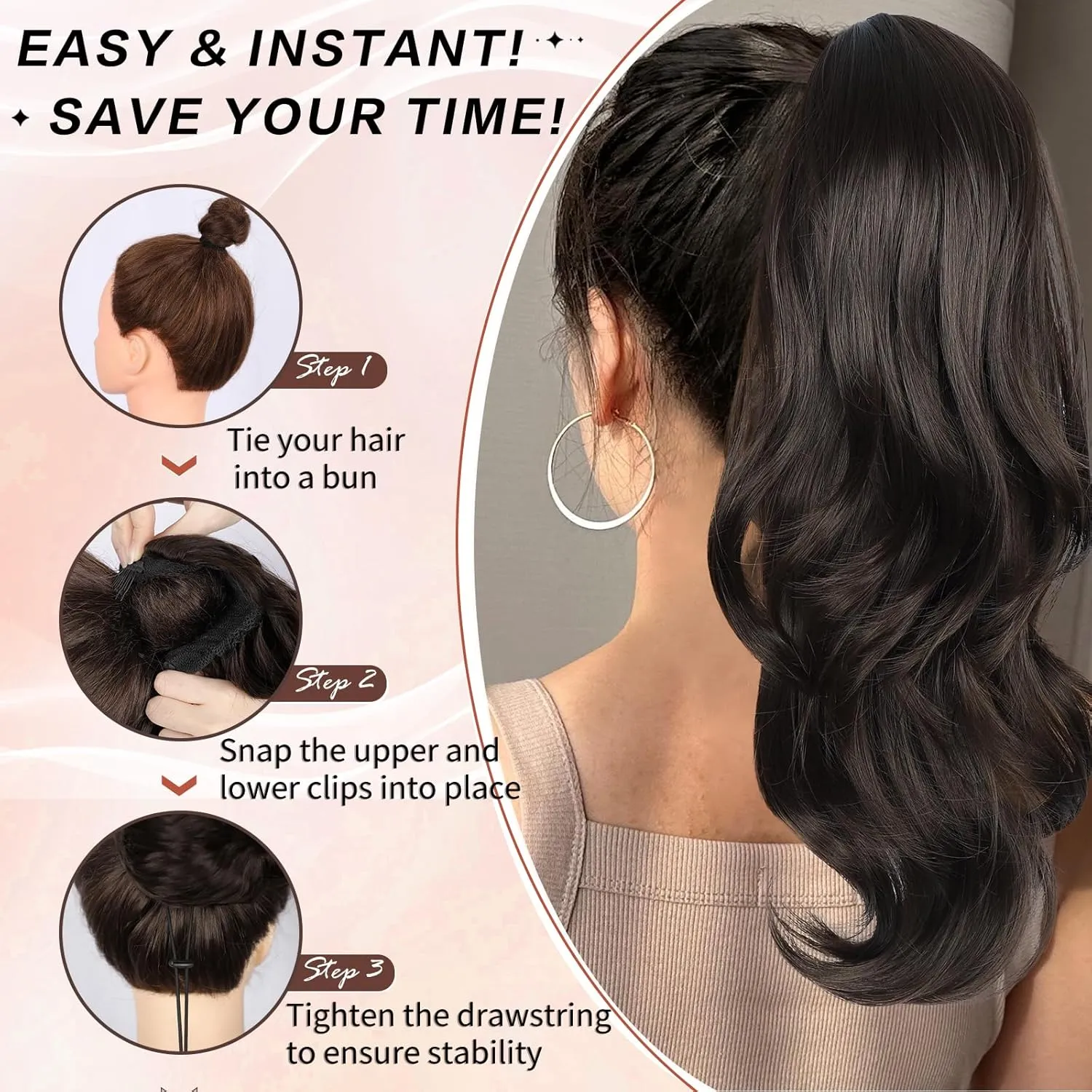 Ponytail Extension, Drawstring Ponytail Extension for Women Long Black Brown Wavy Pony Tails Hair Extensions Synthetic Wavy Clip in Ponytail Hairpiece for Women