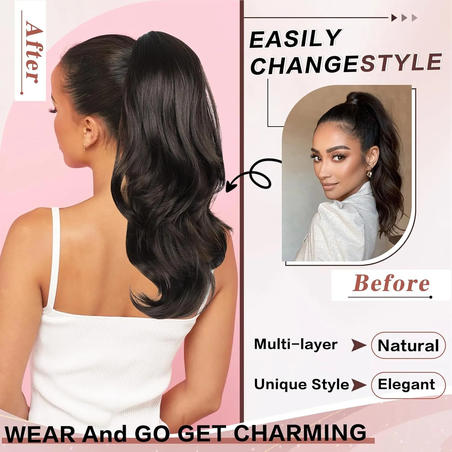 Ponytail Extension, Drawstring Ponytail Extension for Women Long Black Brown Wavy Pony Tails Hair Extensions Synthetic Wavy Clip in Ponytail Hairpiece for Women