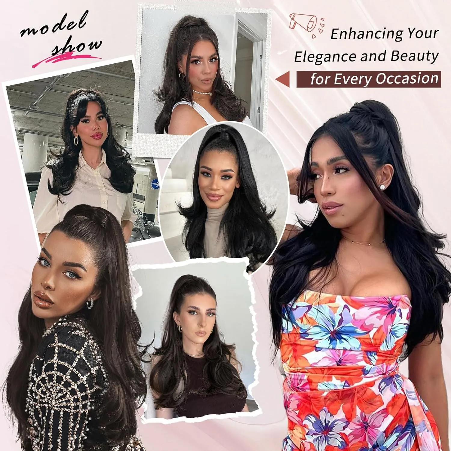 Ponytail Extension, Drawstring Ponytail Extension for Women Long Black Brown Wavy Pony Tails Hair Extensions Synthetic Wavy Clip in Ponytail Hairpiece for Women