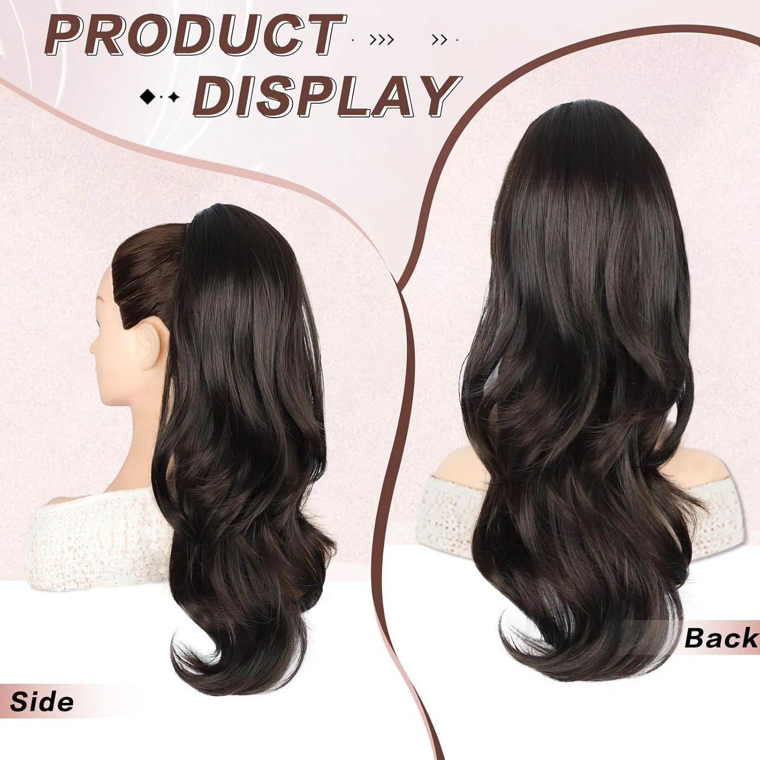 Ponytail Extension, Drawstring Ponytail Extension for Women Long Black Brown Wavy Pony Tails Hair Extensions Synthetic Wavy Clip in Ponytail Hairpiece for Women