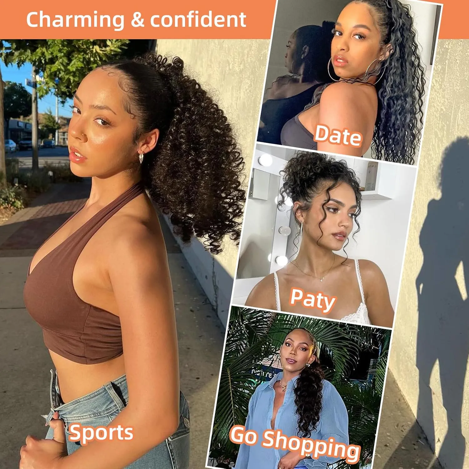 Ponytail Extension,Curly Drawstring Ponytail Extension for Black Women Natural Black Curly Clip in Hair Extensions 18 Inch Synthetic Hairpiece for Daily Party