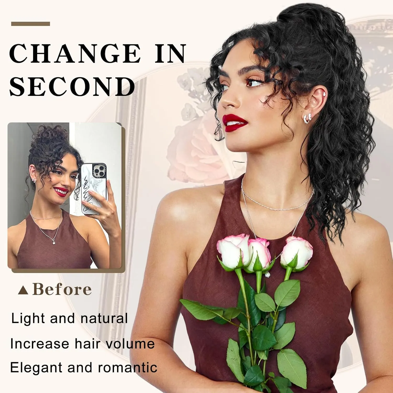Ponytail Extension,Curly Drawstring Ponytail Extension for Black Women Natural Black Curly Clip in Hair Extensions 18 Inch Synthetic Hairpiece for Daily Party