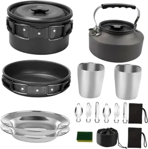 Portable Camping Cooking Set 2-Person Outdoor Cookware Teapot Aluminum Forks Spoons Picnic Plates Non-Stick for Hiking Backpacking