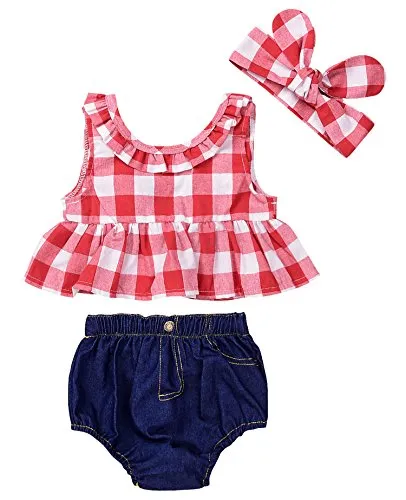 Precious Three Piece Denim Set with Checkered Top for Your Little Cowkid
