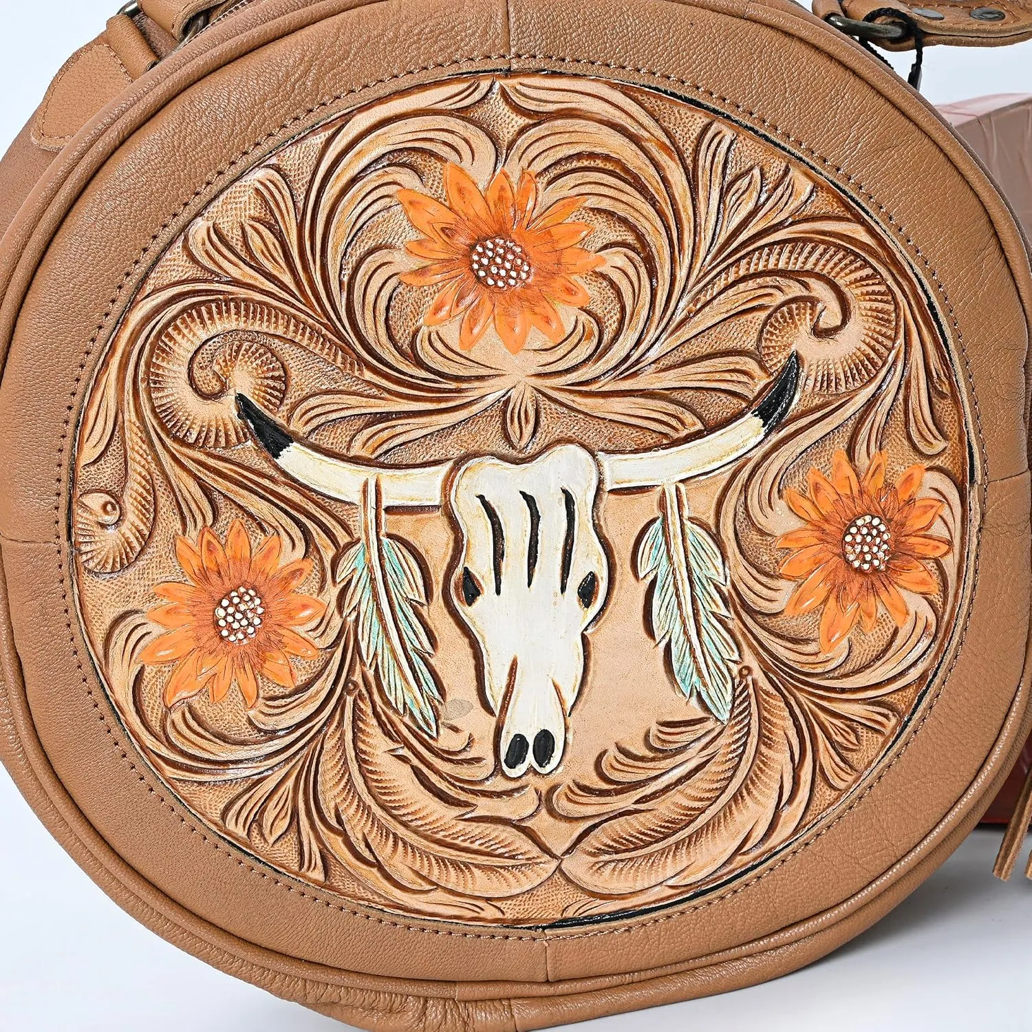 Premium Handtooled Leather Round Western Crossbody Bag Purses For Women