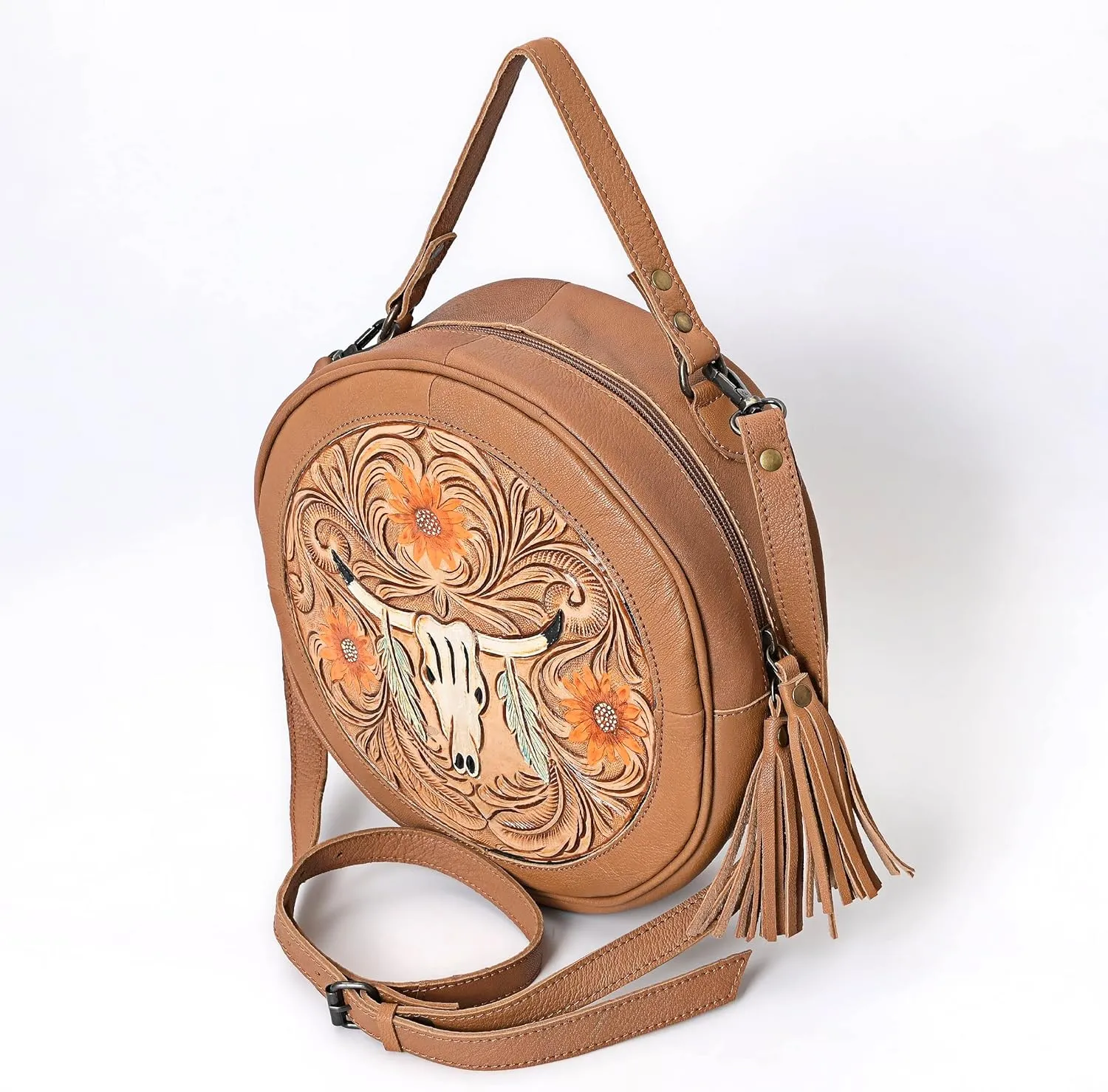 Premium Handtooled Leather Round Western Crossbody Bag Purses For Women