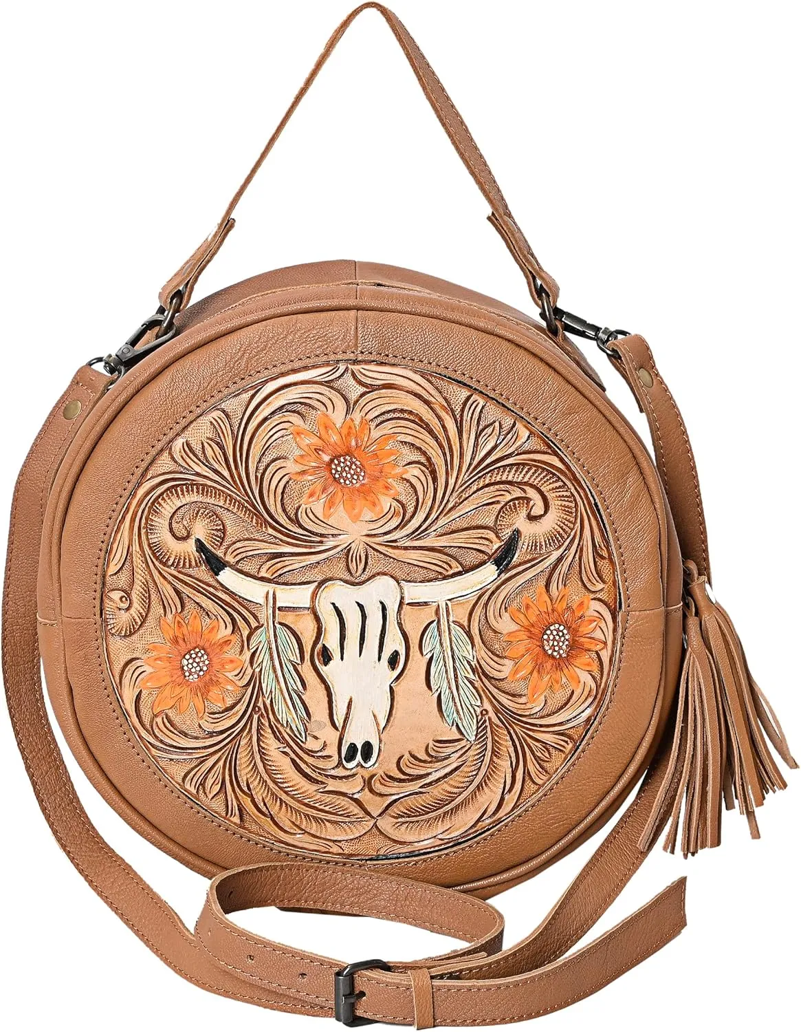 Premium Handtooled Leather Round Western Crossbody Bag Purses For Women
