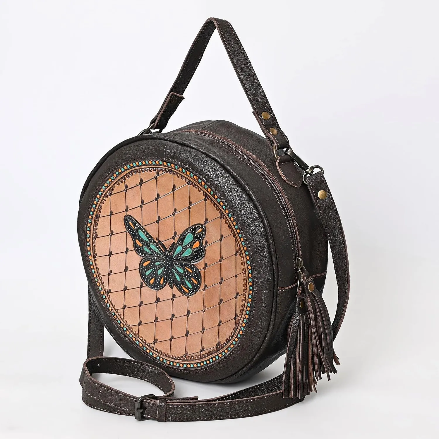Premium Handtooled Leather Round Western Crossbody Bag Purses For Women