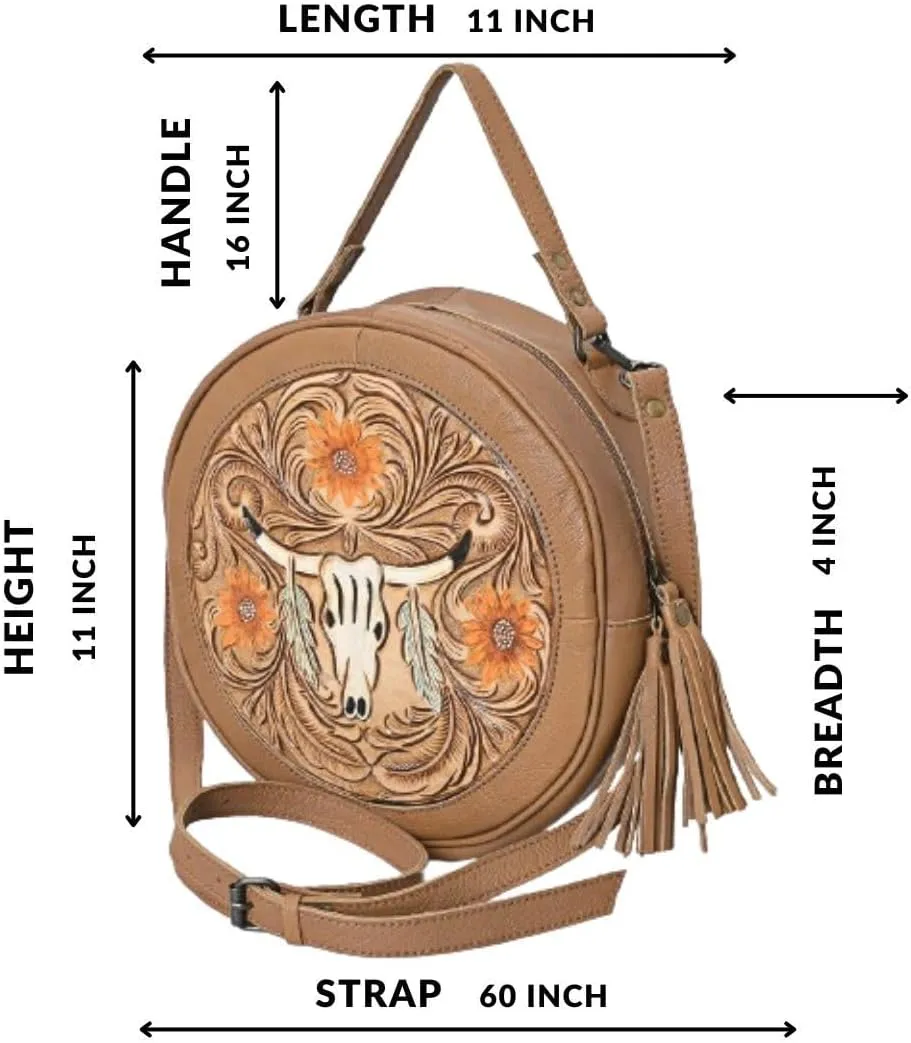 Premium Handtooled Leather Round Western Crossbody Bag Purses For Women