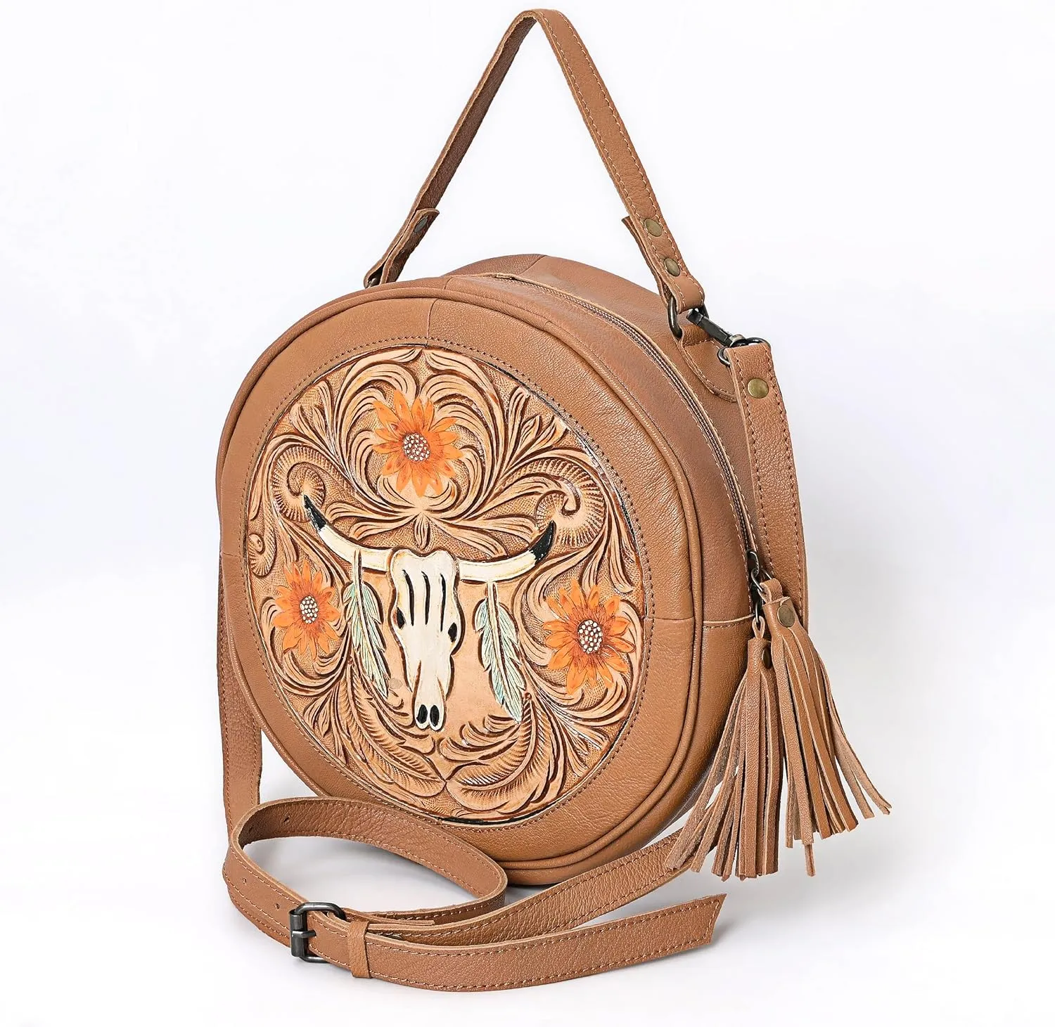 Premium Handtooled Leather Round Western Crossbody Bag Purses For Women