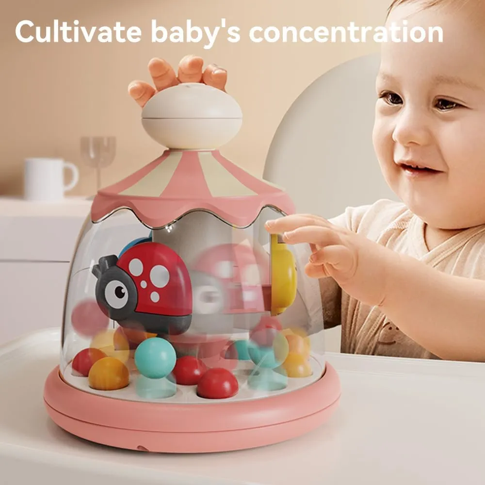 Press Spin Baby Toy Tumble Activity Dome Tumble Top Spinning and Ball Popping Infants Toy Push Spin Carousel Colorful Spinning Faces Activity Learn Cause Effect Toys for 6 Month Plus (Pink)
