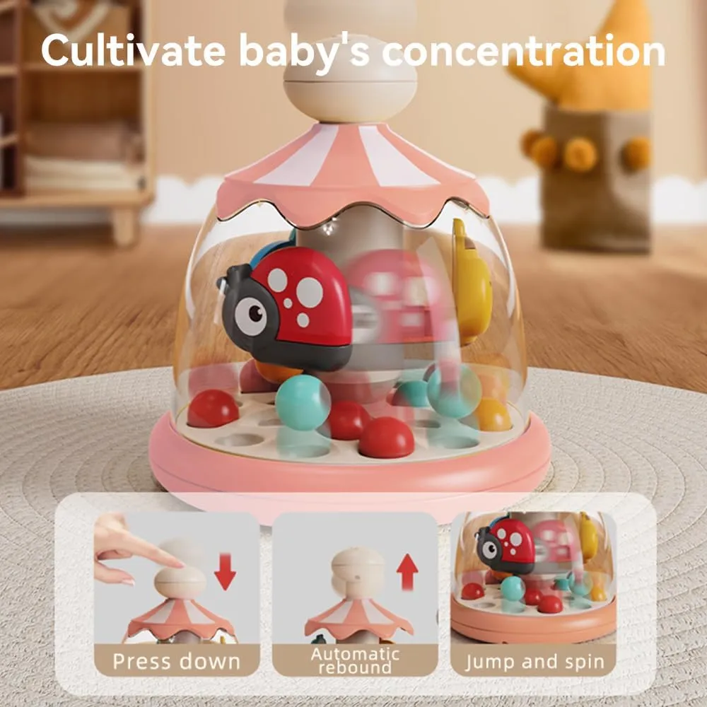Press Spin Baby Toy Tumble Activity Dome Tumble Top Spinning and Ball Popping Infants Toy Push Spin Carousel Colorful Spinning Faces Activity Learn Cause Effect Toys for 6 Month Plus (Pink)