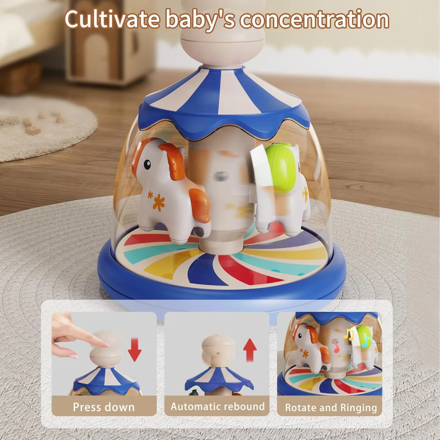 Press Spin Baby Toy Tumble Activity Dome Tumble Top Spinning Infants Toy Push Spin Carousel Colorful Spinning Faces Activity Learn Cause Effect Toys for 6 Month Plus (Blue)