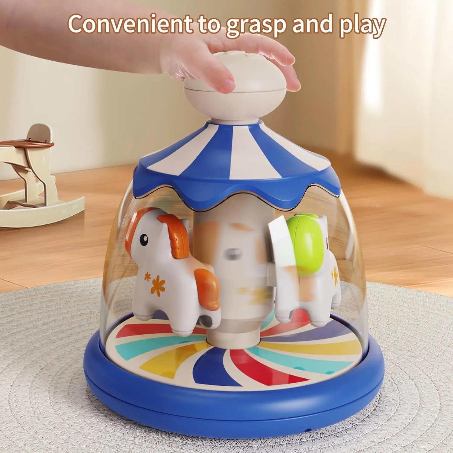 Press Spin Baby Toy Tumble Activity Dome Tumble Top Spinning Infants Toy Push Spin Carousel Colorful Spinning Faces Activity Learn Cause Effect Toys for 6 Month Plus (Blue)