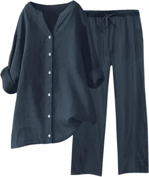 PTOLOCIF Women 2 Piece Outfits Button Down Long Sleeve Shirt and Drawstring Long Pants Set Summer Business Casual Outfits