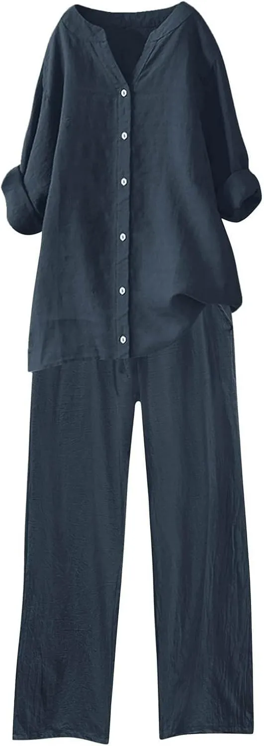 PTOLOCIF Women 2 Piece Outfits Button Down Long Sleeve Shirt and Drawstring Long Pants Set Summer Business Casual Outfits
