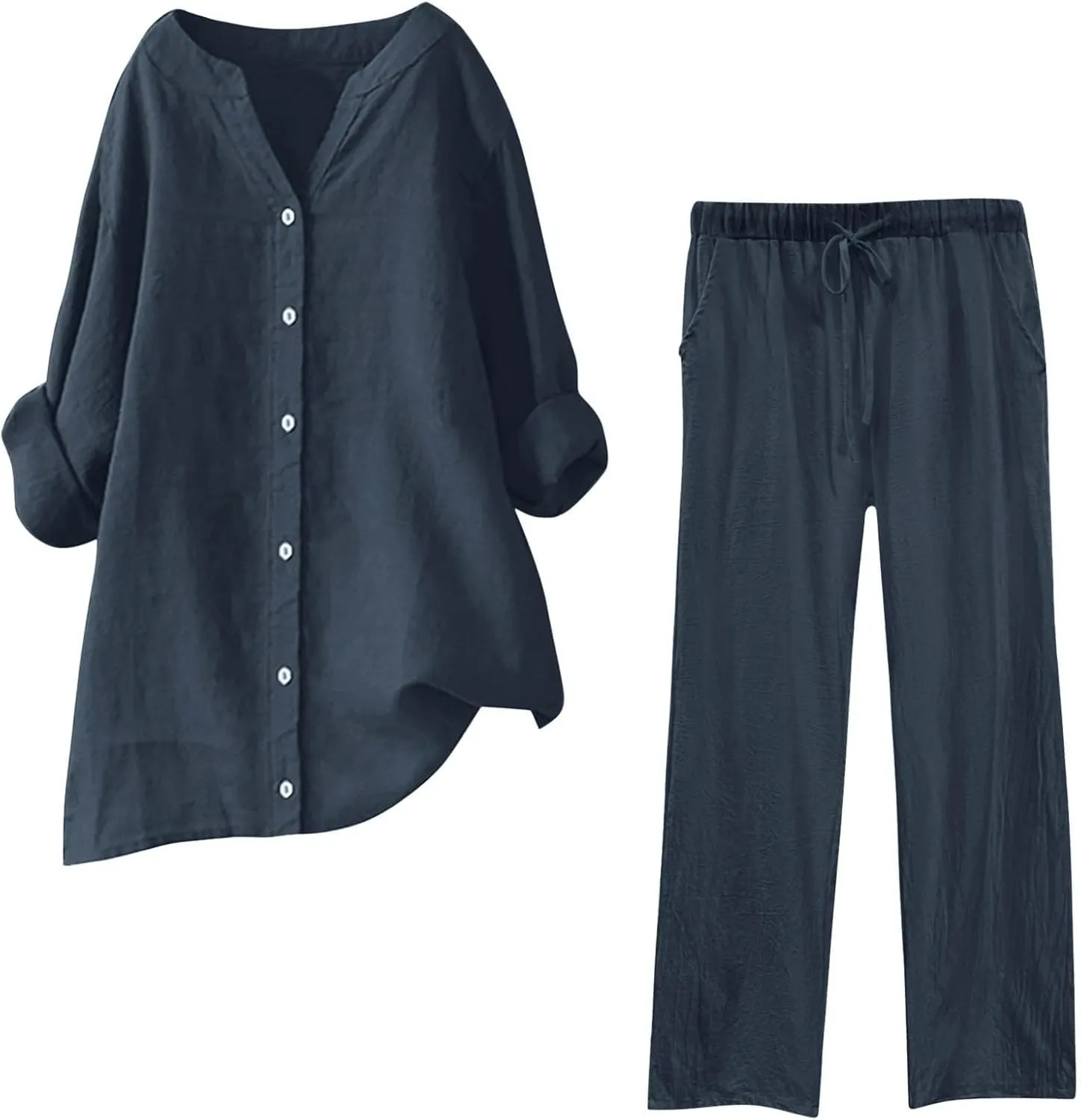 PTOLOCIF Women 2 Piece Outfits Button Down Long Sleeve Shirt and Drawstring Long Pants Set Summer Business Casual Outfits