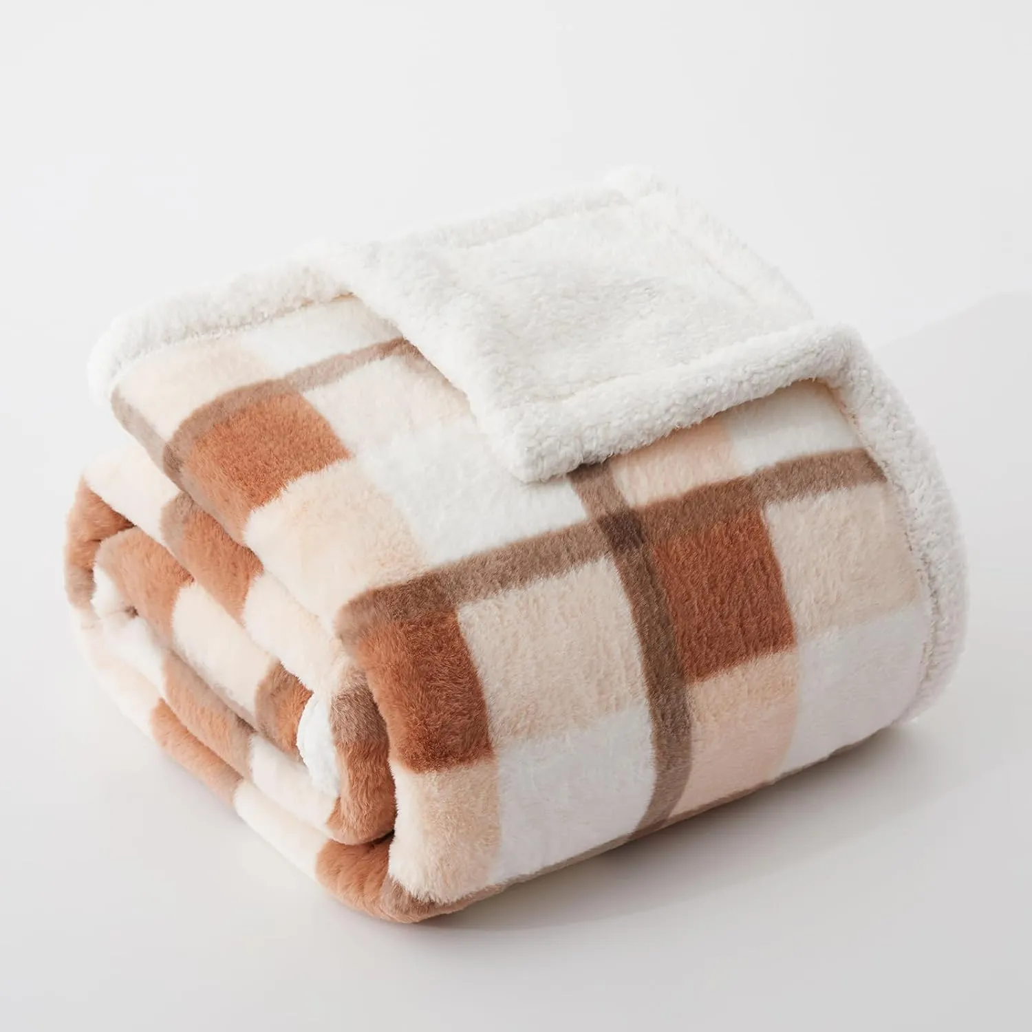 PU MEI Super Soft Faux Rabbit Fur Sherpa Fleece Throw Blanket, Reversible Luxury Cozy Cute Furry Blanket, Plush Warm Shaggy Fluffy Checkered Blankets for Sofa Couch Bed (Beige-Plaid, 60" x 80")