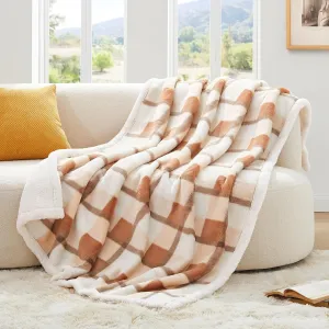 PU MEI Super Soft Faux Rabbit Fur Sherpa Fleece Throw Blanket, Reversible Luxury Cozy Cute Furry Blanket, Plush Warm Shaggy Fluffy Checkered Blankets for Sofa Couch Bed (Beige-Plaid, 60" x 80")