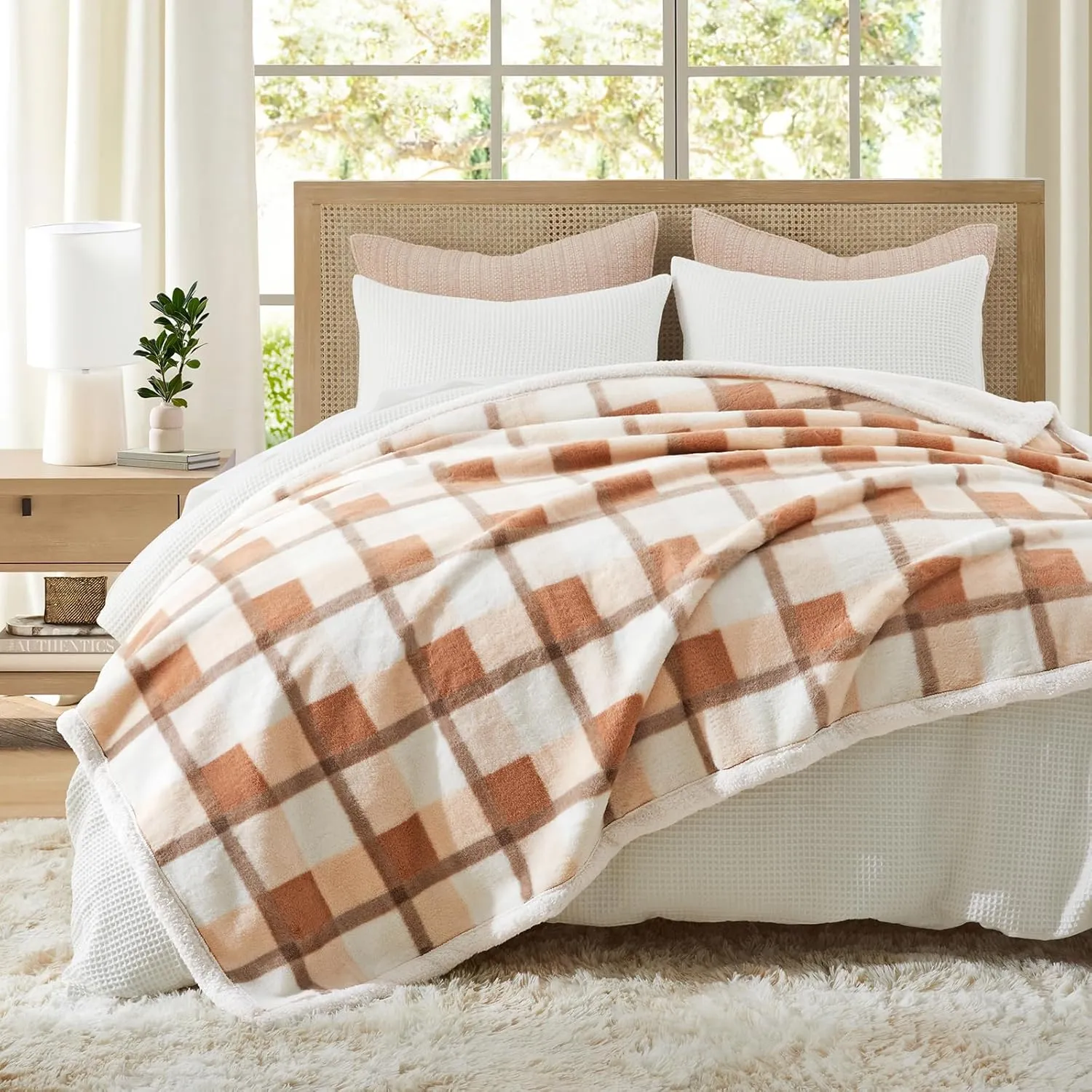 PU MEI Super Soft Faux Rabbit Fur Sherpa Fleece Throw Blanket, Reversible Luxury Cozy Cute Furry Blanket, Plush Warm Shaggy Fluffy Checkered Blankets for Sofa Couch Bed (Beige-Plaid, 60" x 80")