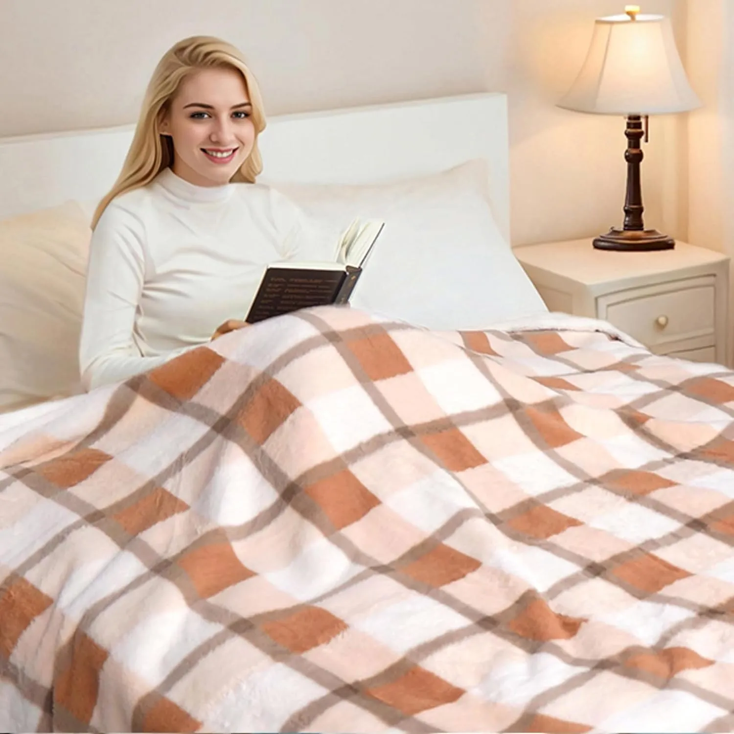PU MEI Super Soft Faux Rabbit Fur Sherpa Fleece Throw Blanket, Reversible Luxury Cozy Cute Furry Blanket, Plush Warm Shaggy Fluffy Checkered Blankets for Sofa Couch Bed (Beige-Plaid, 60" x 80")