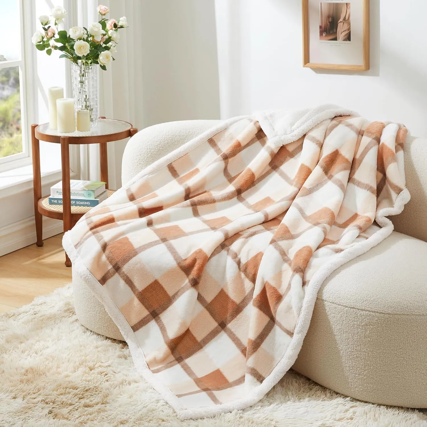 PU MEI Super Soft Faux Rabbit Fur Sherpa Fleece Throw Blanket, Reversible Luxury Cozy Cute Furry Blanket, Plush Warm Shaggy Fluffy Checkered Blankets for Sofa Couch Bed (Beige-Plaid, 60" x 80")