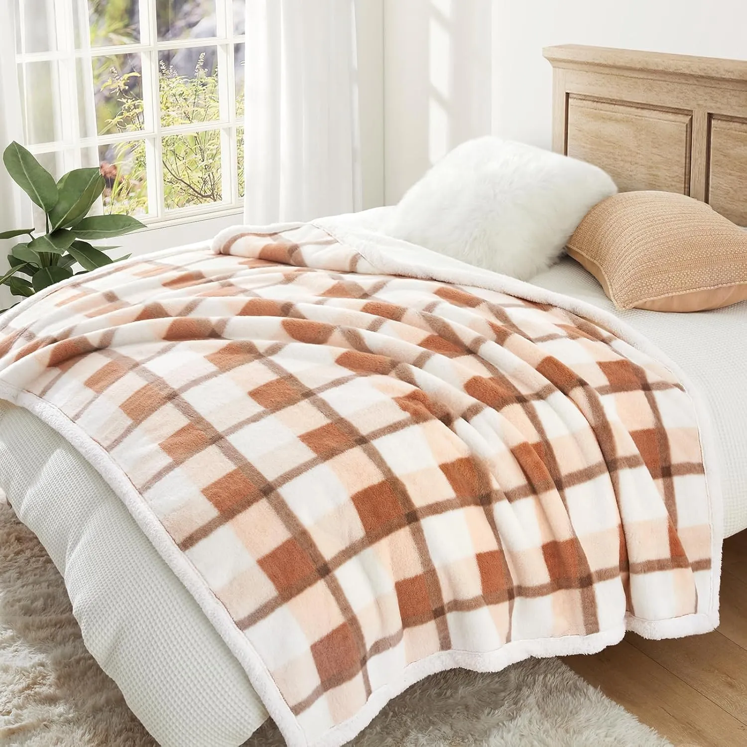 PU MEI Super Soft Faux Rabbit Fur Sherpa Fleece Throw Blanket, Reversible Luxury Cozy Cute Furry Blanket, Plush Warm Shaggy Fluffy Checkered Blankets for Sofa Couch Bed (Beige-Plaid, 60" x 80")