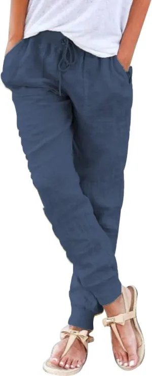 Puimentiua Womens Tapered Pants Cotton Linen Drawstring Back Elastic Waist Pants Casual Trousers with Pockets