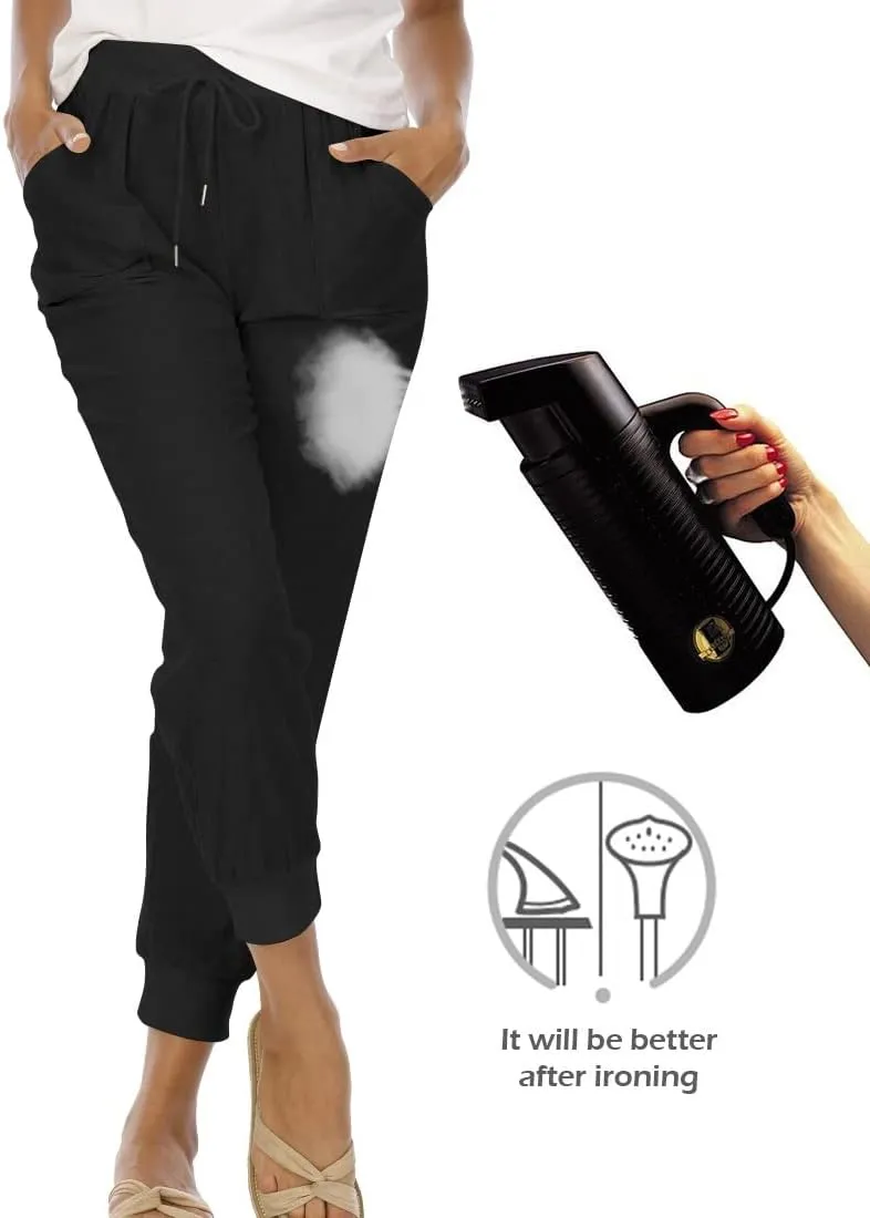 Puimentiua Womens Tapered Pants Cotton Linen Drawstring Back Elastic Waist Pants Casual Trousers with Pockets