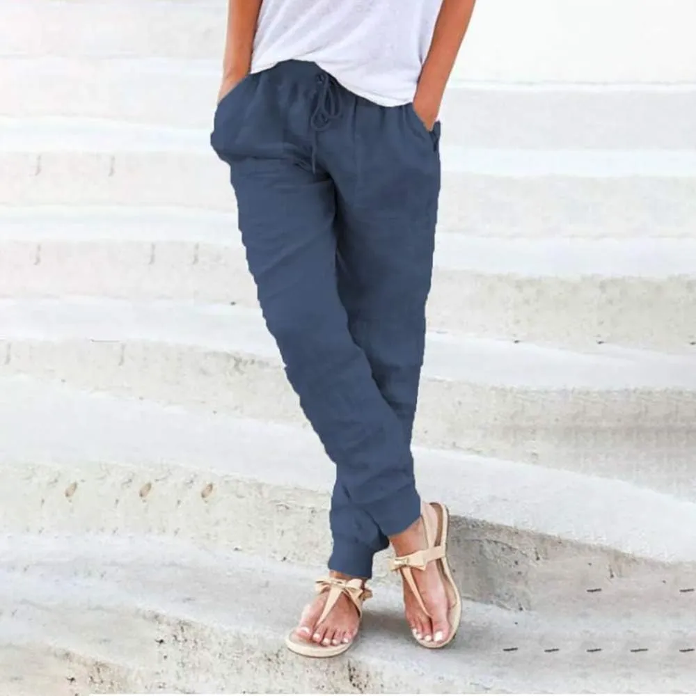 Puimentiua Womens Tapered Pants Cotton Linen Drawstring Back Elastic Waist Pants Casual Trousers with Pockets