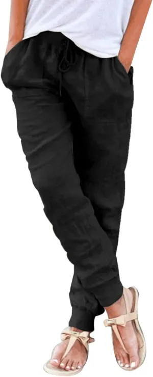 Puimentiua Womens Tapered Pants Cotton Linen Drawstring Back Elastic Waist Pants Casual Trousers with Pockets