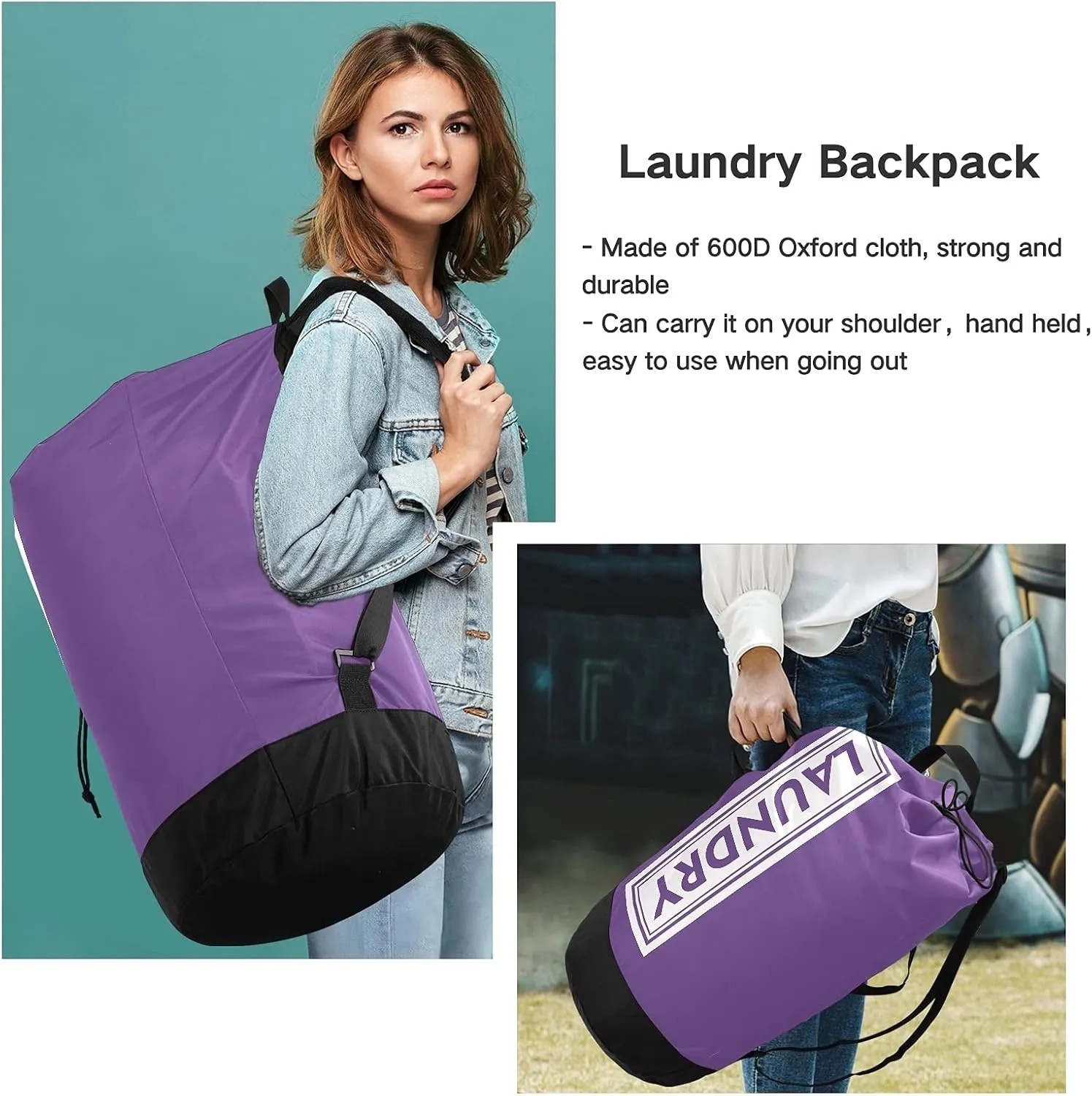 Purple Laundry Backpack Large Heavy Duty Laundry Bag with Shoulder Straps Waterproof Laundry bag for Traveling Camp Dirty Clothes Organizer for College Students