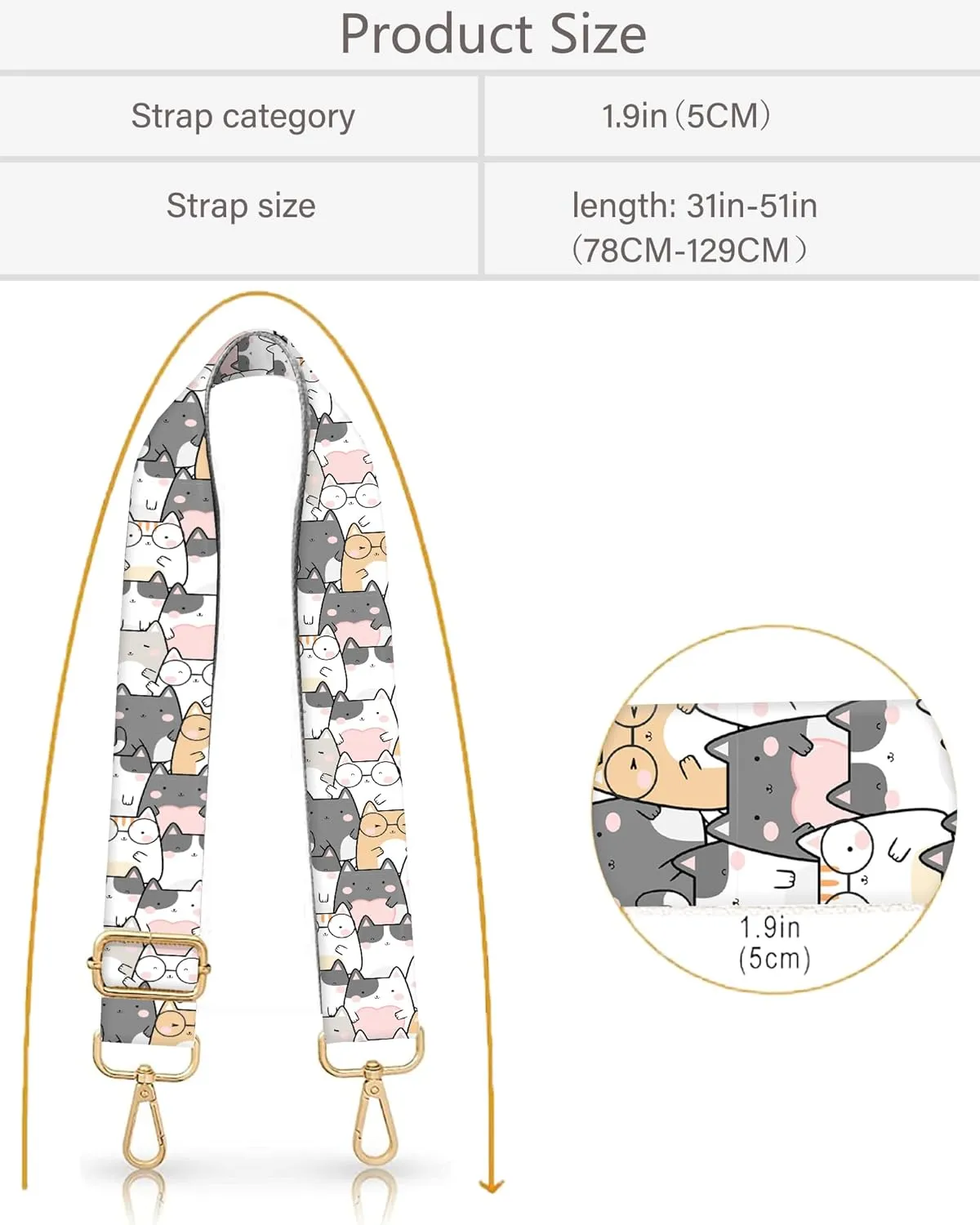 Purse Strap Replacement Crossbody 2" Wide Shoulder Strap, Cute Handbag Strap Bag Strap Replacement Belts Adjustable Cute Cats