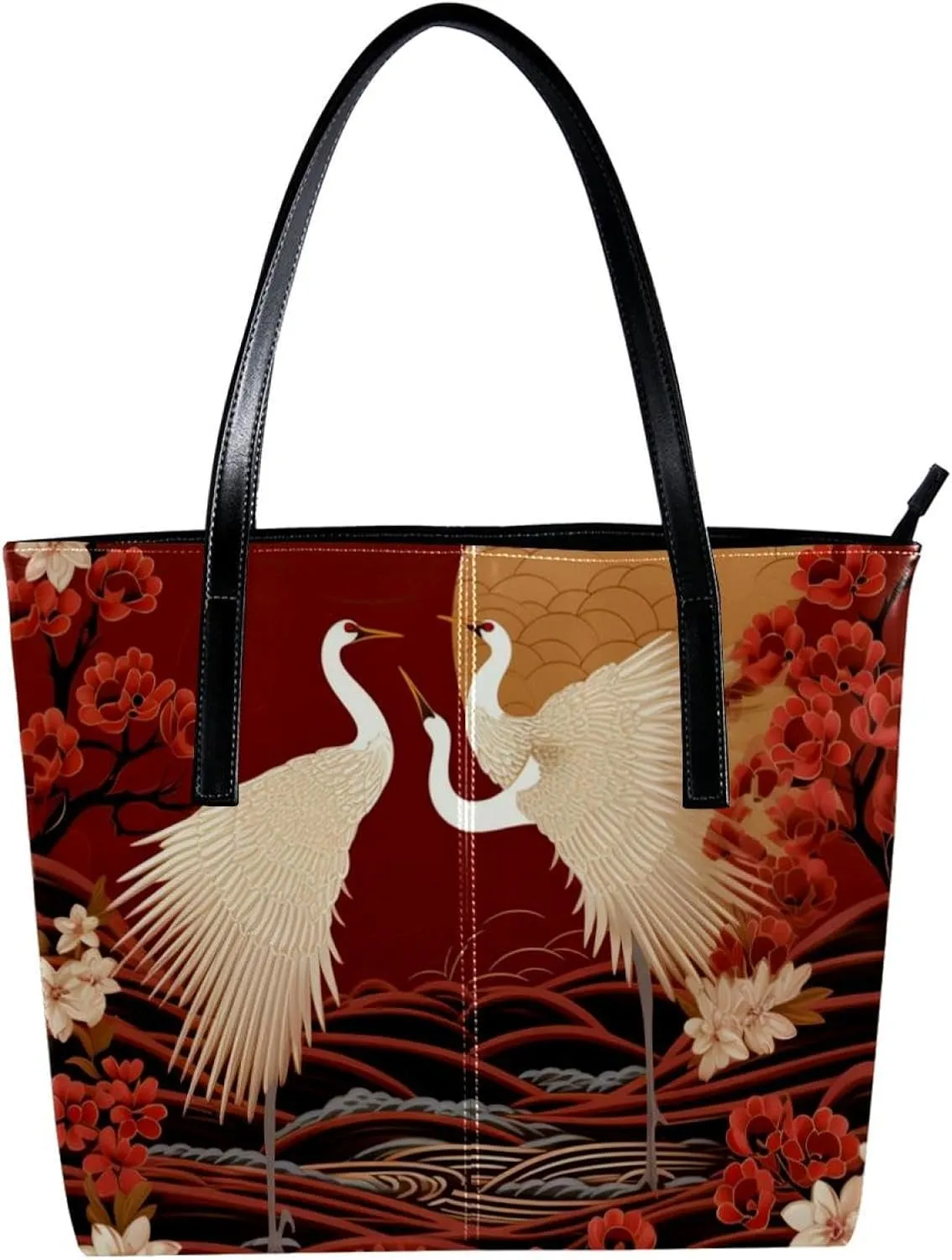 Purses for Women,Tote Bag Aesthetic,Women's Tote Handbags,Crane with Floral Red Background