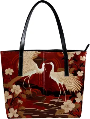 Purses for Women,Tote Bag Aesthetic,Women's Tote Handbags,Crane with Floral Red Background