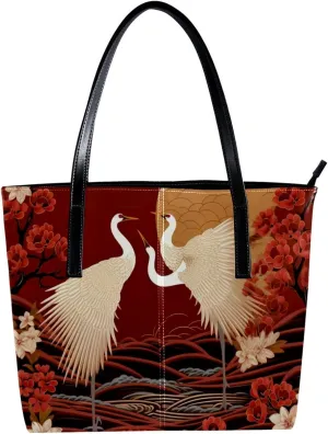 Purses for Women,Tote Bag Aesthetic,Women's Tote Handbags,Crane with Floral Red Background