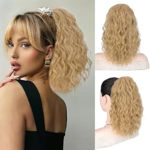 QGZ Blonde Ponytail Extension,Drawstring Ponytail for Women 14 Inch Synthetic short Curly Wavy Lightweight Layered Pony Tails