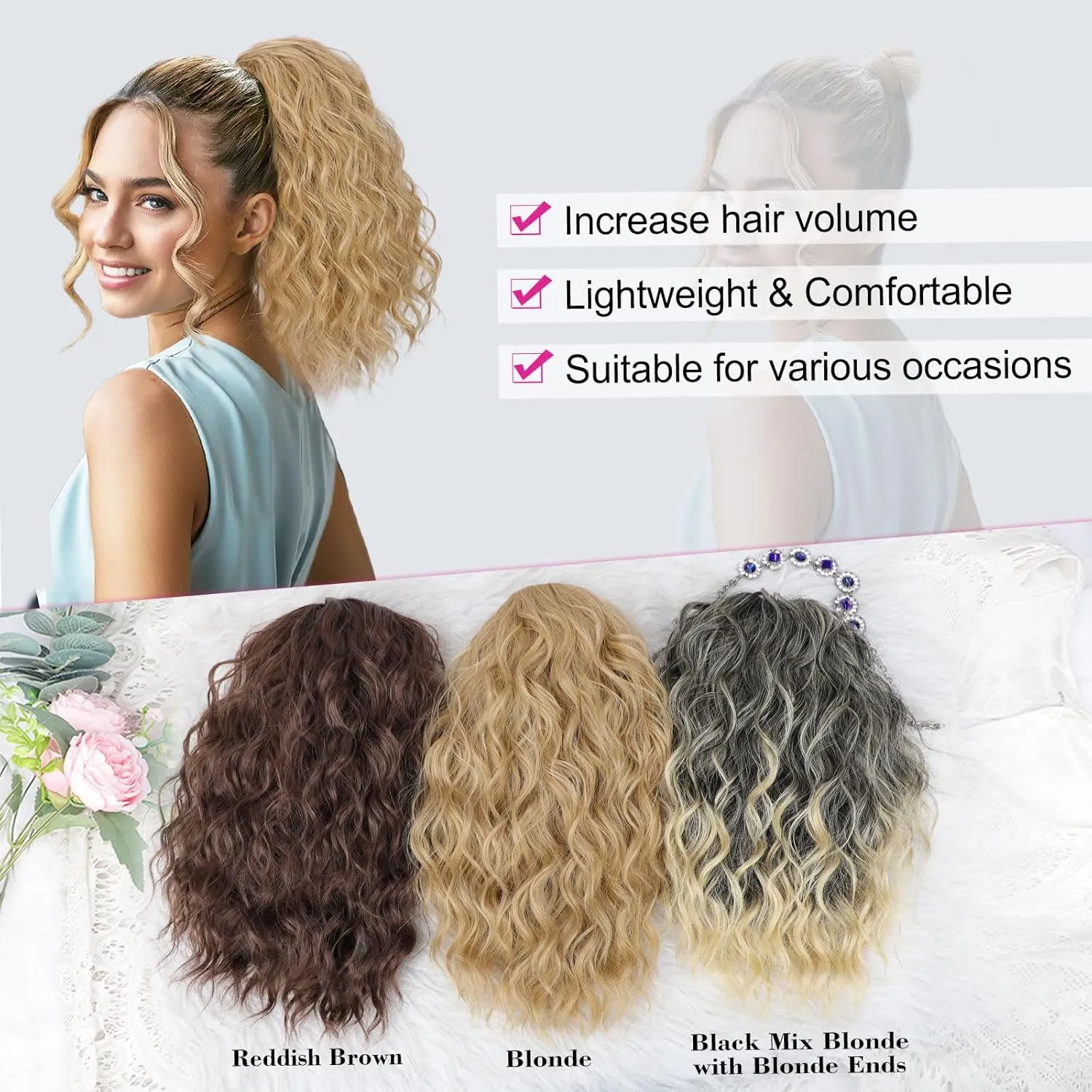 QGZ Blonde Ponytail Extension,Drawstring Ponytail for Women 14 Inch Synthetic short Curly Wavy Lightweight Layered Pony Tails