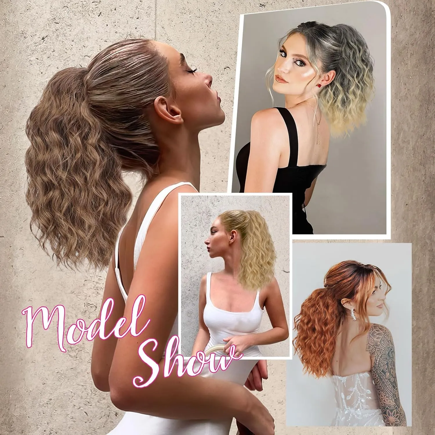 QGZ Blonde Ponytail Extension,Drawstring Ponytail for Women 14 Inch Synthetic short Curly Wavy Lightweight Layered Pony Tails