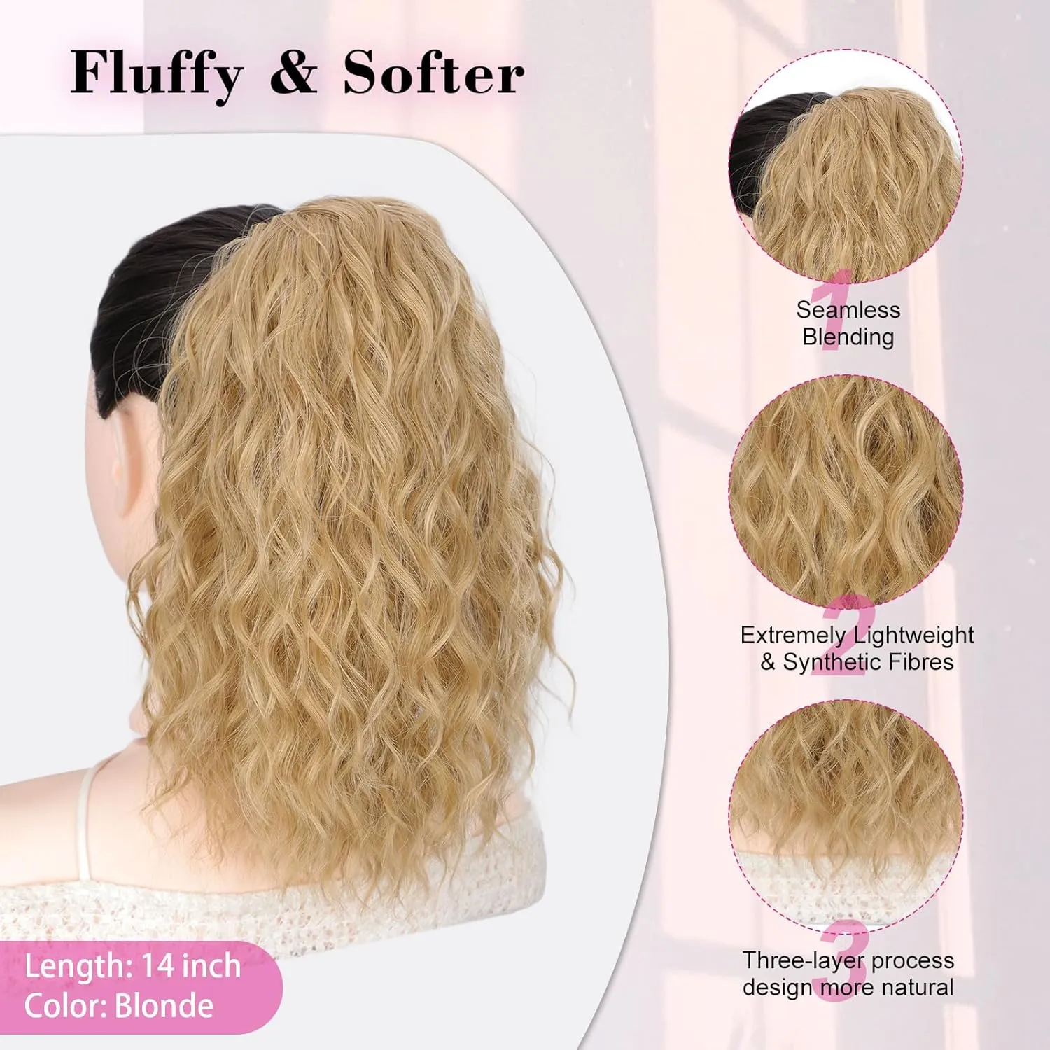QGZ Blonde Ponytail Extension,Drawstring Ponytail for Women 14 Inch Synthetic short Curly Wavy Lightweight Layered Pony Tails