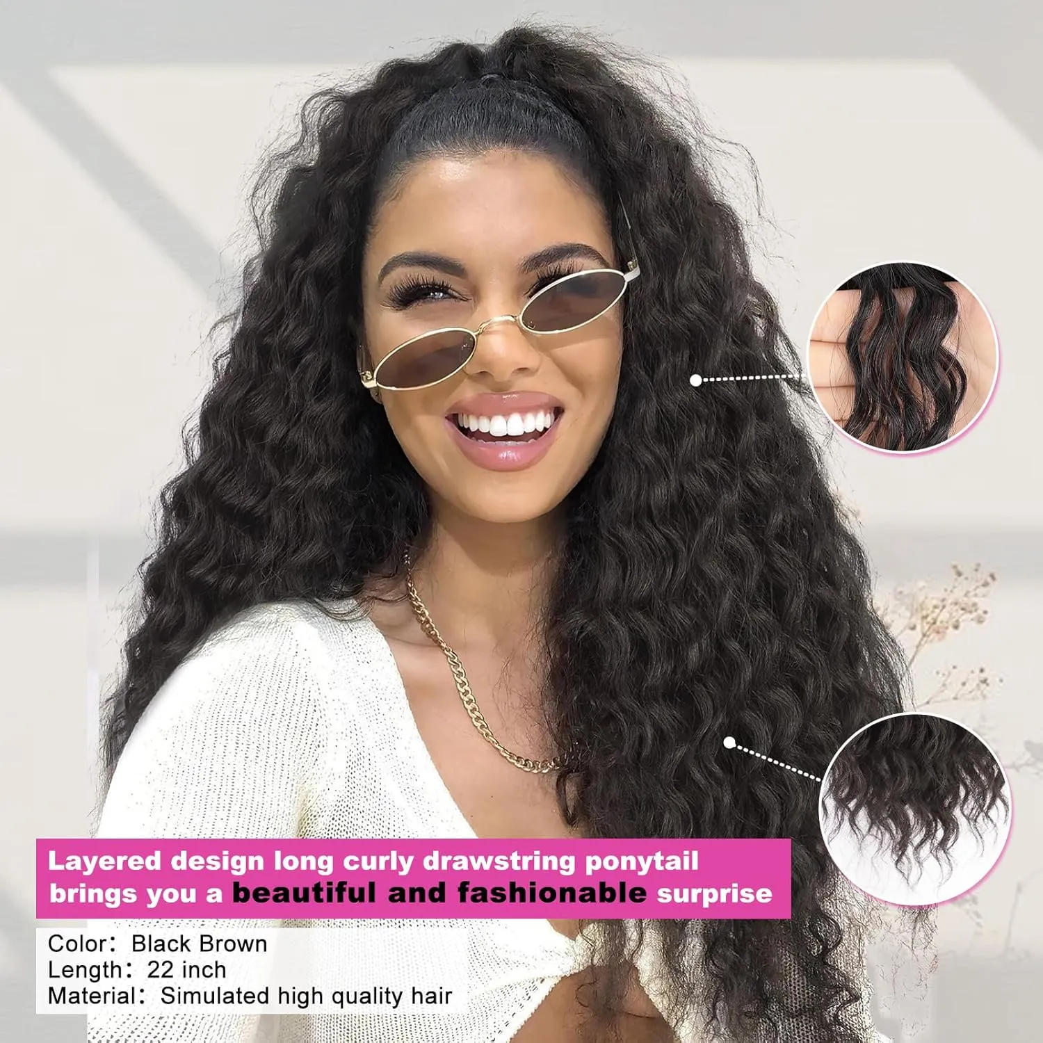 QGZ Curly Ponytail Extension Drawstring Ponytail for Black Women 22 Inch Synthetic Long Curly Wavy Clip in Pony Tails Hair Extensions for Daily Use(Black Brown)