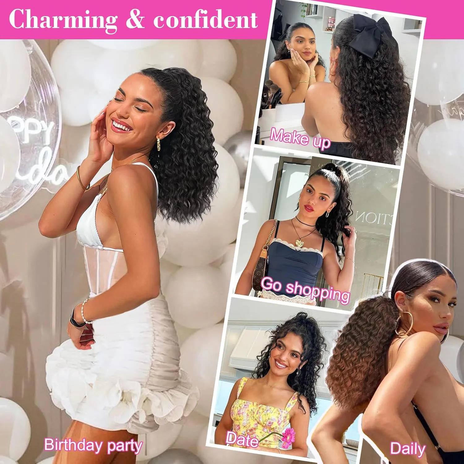 QGZ Ponytail Extension Drawstring Ponytail for Black Women 18 Inch Synthetic Long Afro Curly Fluffy Ponytail for Daily Use(Black Brown)